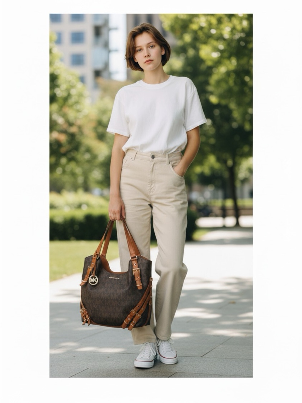 Michael Kors Milo Large Monogram Tote Bag Brown Leather Shoulder Purse MK Logo - Picture 2 of 9